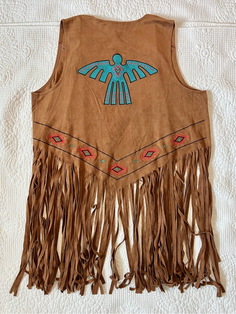 RARE Wrangler Faux-Suede Long Fringe Thunderbird Vest - Picture 2 of 10